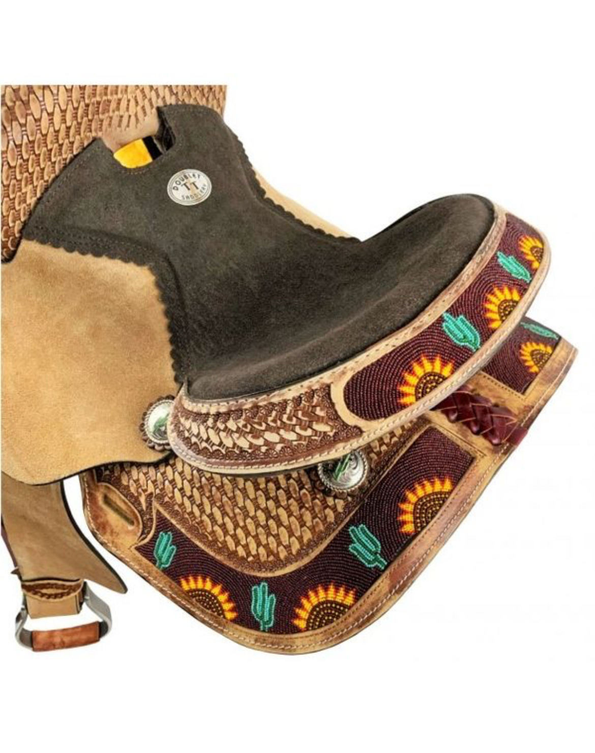 10_ 12_ 13_ Double T Youth Hardseat Roughout Barrel Style Saddle W_ Cactus Sunflower Beading 15862 - Image 2