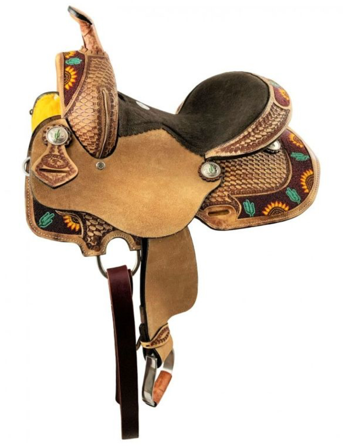 10_ 12_ 13_ Double T Youth Hardseat Roughout Barrel Style Saddle W_ Cactus Sunflower Beading 15862