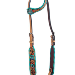 Rafter T One Ear Headstall w Cactus Turquoise Whipstitch SE3693